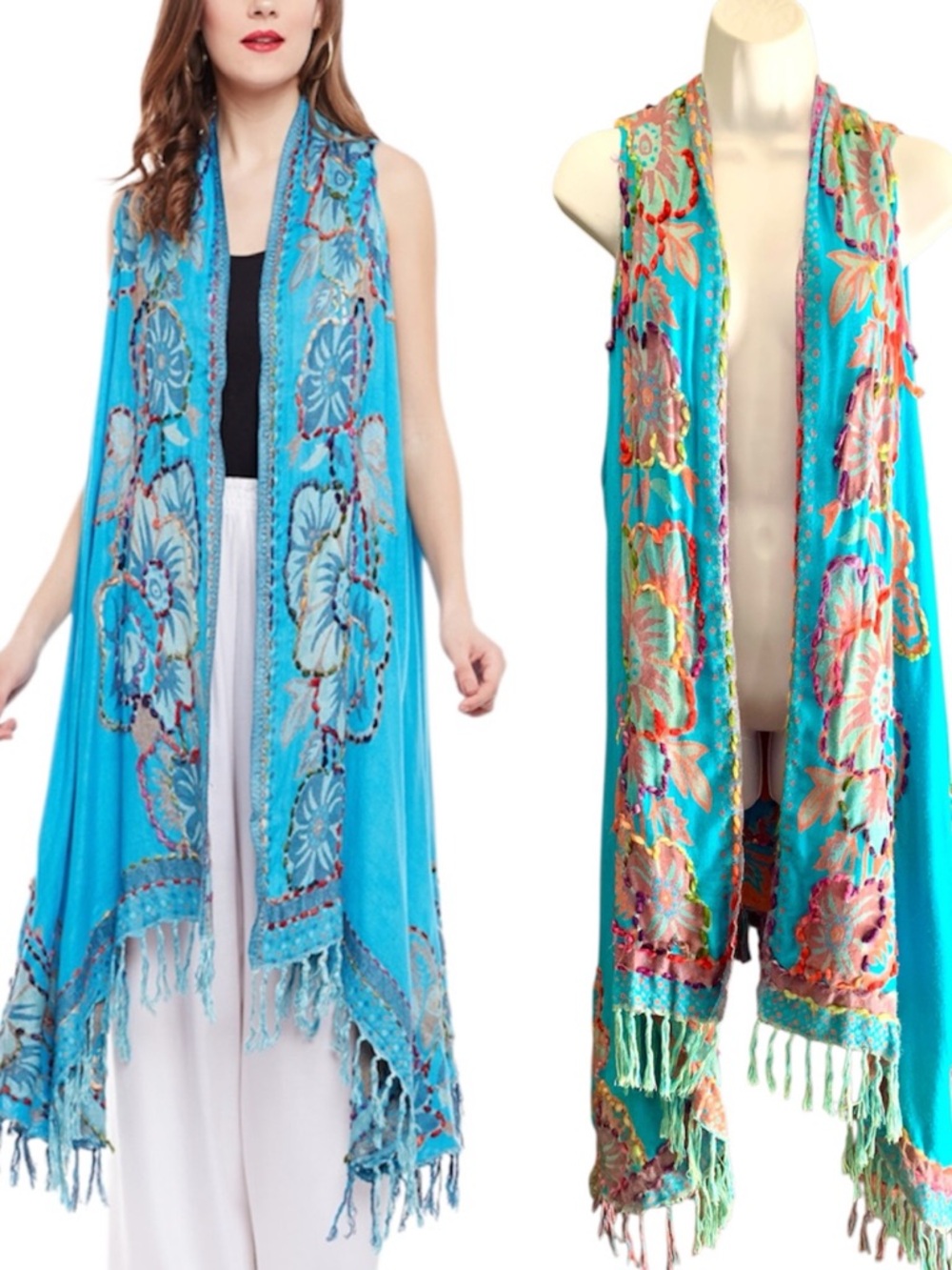 Turquoise Floral Embroidered boho “Art-To-Wear” open waterfall fringed vest-OSFM